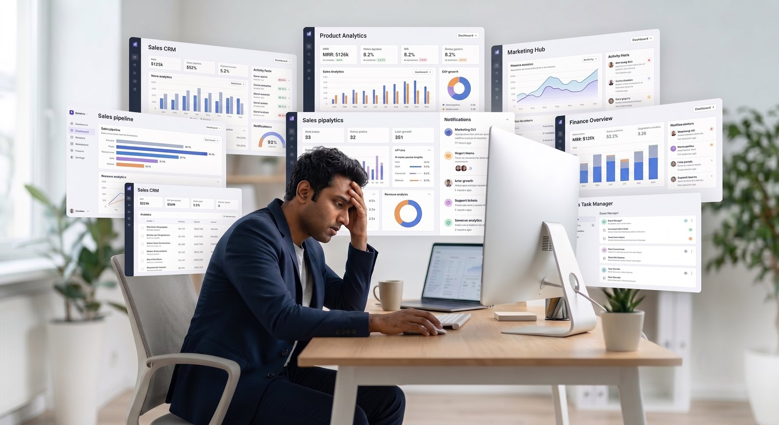 Illustration of cluttered legacy dashboards WorkWitness replaces with a modern AI work-summary morning brief
